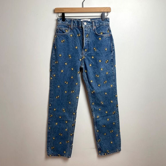 Reformation Denim - Reformation Mixed Emotions Embroidered Smiley Jeans Straight Sz 24 Whimsical